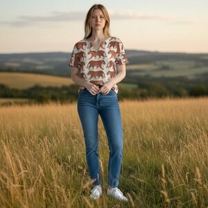 Womens Tiger 3/4 Cuffed Sleeve V-Neck Blouse Size M